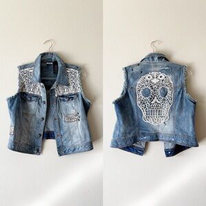 Harley Davidson Lace Sugar Skull Denim Vest XL HDMG Biker Distressed Boho